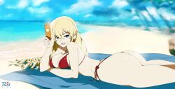 1girls alternate_hairstyle arm_support arm_under_breasts artist_name ass beach big_ass big_breasts bikini blonde_hair blue_eyes breast_hold breasts bubble_butt busty claire_harvey cleavage drill_hair fat_ass female female_only highres huge_ass hundred large_breasts legs long_hair looking_at_viewer lotion lying naughty_face ocean on_stomach open_mouth pose posing r3dfive red_bikini sensual smile solo sunscreen swimsuit the_pose thighs thong_bikini voluptuous water