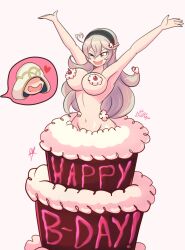 1girls ;d absurd_res absurdres artist_name birthday birthday_cake blonde_hair cake coming_out_of_cake corrin_(fire_emblem) corrin_(fire_emblem)_(female) female female_focus fire_emblem fire_emblem_fates fire_emblem_heroes food_censorship gift hair_ornament hairband heart hi_res highres kiran_(fire_emblem) large_breasts long_hair nintendo nude nude_female oerba_yun_fang one_eye_closed open_mouth presenting raydango red_eyes smile suprised watermark wink