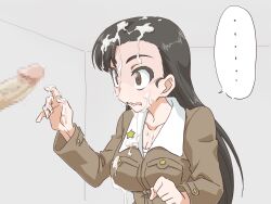 black_hair breasts camekirin censored censored_penis cum cum_on_body cum_on_face cum_on_hair cum_on_head eyebrows_visible_through_hair girls_und_panzer long_hair looking_at_penis medium_breasts mosaic_censoring nishi_kinuyo semen speech_bubble