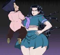 1boy 1girls anger_vein angry black_hair breasts diamond_is_unbreakable female huge_breasts jojo's_bizarre_adventure lifting_person long_hair looking_at_another pulpawoelbo purple_eyes school_uniform tamami_kobayashi thick_thighs thighs wide_hips yamagishi_yukako