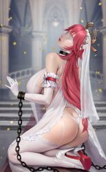 big_breasts blindfold collar genshin_impact gloves goatwillow liu_meixing_(artist) shackles shoes tagme wedding_dress yae_miko