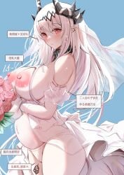 1girls areolae arknights babydoll bare_shoulders barefoot big_areola big_breasts blush bouquet breasts bride dress ear_piercing earrings female female_only heart-shaped_pupils highres holding_flowers horns huge_breasts infection_monitor_(arknights) japanese_text kokihanada lactating lactation large_breasts light-skinned_female long_hair looking_at_viewer milk mudrock_(arknights) navel nipples panties pointy_ears pregnancy pregnant pregnant_belly pregnant_female pussy pussy_visible_through_clothes red_eyes revealing_clothes solo standing text thighs translated veil wedding white_hair white_panties