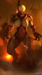 1girls 3d 3d_(artwork) atsuko_(artist) atsukosfm_(artist) big_breasts breasts claws demon demon_girl digital_media_(artwork) doom eyeless featureless_breasts female fire hell_knight_(doom) id_software looking_at_viewer monster monster_girl muscular muscular_female nightmare_waifu nude open_mouth solo source_filmmaker teeth