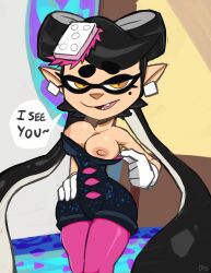 1girls areola_slip areolae big_breasts black_hair breast_focus breasts callie_(splatoon) clothing ear_piercing earrings english english_text exposed_breasts female female_only hair half-closed_eyes leggings looking_at_viewer mole mole_under_eye monamania nintendo one_breast_out pointy_ears solo solo_female speech_bubble splatoon tentacle_hair text twintails yellow_eyes