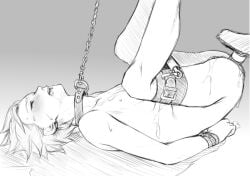 1boy anal anal_object_insertion arms_behind_back ass blush bondage bound chain_leash chains closed_eyes collabone collar cum cum_on_body cum_on_boy dragon_quest dragon_quest_xi drooling erik_(dq11) from_side greyscale leash legs_up male male_focus male_only mondi_hl monochrome nipples nude object_insertion open_mouth saliva shoes short_hair solo_focus spiked_hair yaoi