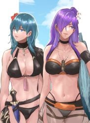 2girls alternate_costume bikini black_bikini black_swimsuit breasts byleth_(fire_emblem) byleth_(fire_emblem)_(female) byleth_(summer)_(fire_emblem)_(female) daph_neko female female_only fire_emblem fire_emblem:_three_houses fire_emblem_heroes fire_emblem_warriors:_three_hopes nintendo official_alternate_costume shez_(female)_(fire_emblem) shez_(female)_(summer)_(fire_emblem) shez_(fire_emblem) swimsuit