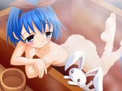 1girls ass bath blue_eyes blue_hair bow completely_nude completely_nude_female disgaea female hot_spring nippon_ichi_software nude pleinair solo solo_female third-party_edit