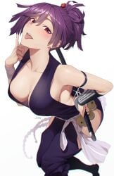 1girls blush cleavage female female_only jebi jigokuraku kunoichi purple_hair revealing_clothes sideboob solo tabi tagme tongue_out yuzuriha_(jigokuraku)