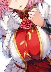 bandage bandaged_arm bandages belko big_breasts blush breasts chained_wrists huge_breasts kasen_ibaraki large_breasts ornament pink_hair red_eyes rose short_hair squeezing squeezing_breast sweat sweatdrop tabard tagme touhou