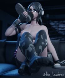 1girls 3d areolae black_hair blender blurry blurry_background breasts clothed clothing couch crossed_legs epic_games female female_focus female_only foot_fetish foot_focus fortnite glasses goth goth_girl half-dressed half_naked headphones headwear highres holding jawbreaker_(fortnite) legs_crossed legwear lewdrex light-skinned_female light_skin looking_at_viewer medium_breasts nipples no_shoes on_couch pale-skinned_female pale_skin partially_clothed pillow presenting presenting_breasts presenting_feet room shoe_sniffing shoes shorts sitting solo solo_focus striped_legwear sunglasses thighhighs tinted_eyewear topless watermark