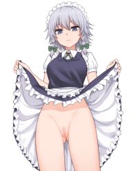 apron ass_visible_through_thighs blue_eyes blue_vest bottomless bow braid censored closed_mouth clothes_lift commentary_request cowboy_shot expressionless female fingernails frills frown green_bow green_ribbons grey_hair groin hair_between_eyes hairbow highres izayoi_sakuya lifted_by_self looking_at_viewer maid maid_headdress medium_hair miyo_(ranthath) mosaic_censoring neck_ribbon ribbon sakuya_izayoi short_sleeves side_braids simple_background skirt skirt_lift solo split_mouth thighs touhou twin_braids vest waist_apron white_background wing_collar