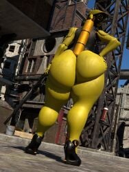 3d android android_girl ass_focus ass_grab big_ass bubble_butt female gun haydee haydee_(game) hazmat hazmat_suit huge_ass huge_breasts oxygen_tank qzk_forte rifle robot robot_girl robot_humanoid tall_female yellow_body