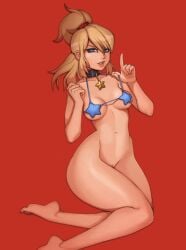 1girls blonde_hair bottomless kerosundae metroid red_background samus_aran small_breasts solo string_bikini