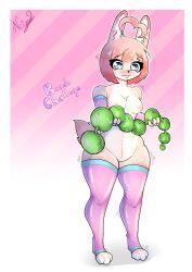 absurd_res anal_beads anthro ass big_butt blue_eyes breasts challenge clothed clothing colored digital_drawing_(artwork) digital_media_(artwork) exhibitionism female fur hi_res lagomorph leporid mammal ncize nervous_sweat pink_body pink_fur rabbit sex_toy skimpy small_breasts solo