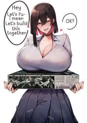 1futa black_choker breasts brown_hair bulge choker cleavage clothed clothing dialogue english_text erection fully_clothed futa_only futanari gundam gunpla high_resolution huge_breasts huge_cock human large_penis light-skinned_futanari light_skin medium_hair model_kit naughty_face niwada_(unbeller) oc original original_character penis smile solo standing text throbbing_penis unbeller white_background