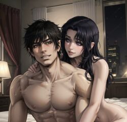 ai_generated akiko_aoshika akira_inugami big_breasts couple female happy happy_sex looking_at_another looking_at_partner male mature mature_male ookami_no_monshou romantic romantic_couple wolf_guy_wolfen_crest