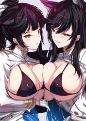 2girls akeyama_kitsune animal_ears atago_(azur_lane) azur_lane bikini black_hair breasts female huge_breasts light-skinned_female light_skin long_hair naughty_face sakura_empire_(azur_lane) sisters smile takao_(azur_lane)