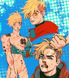 blonde_hair blood clenched_teeth cuntboy hair_pull intersex male_focus muscular muscular_cuntboy nude ren_valentine scar short_hair sunglasses trigun vash_the_stampede