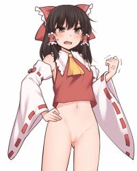 anger_vein angry ascot ass_visible_through_thighs bare_shoulders black_hair blush bottomless bow breasts brown_eyes censored clenched_hand commentary_request cowboy_shot detached_sleeves female frilled_bow frilled_hair_tubes frilled_shirt_collar frills hair_between_eyes hair_tubes hairbow hakurei_reimu hand_on_own_hip highres long_hair long_sleeves miyo_(ranthath) mosaic_censoring navel nontraditional_miko open_mouth red_bow red_vest reimu_hakurei ribbon-trimmed_sleeves ribbon_trim sidelocks simple_background small_breasts solo sweatdrop touhou vest white_background white_sleeves wide_sleeves yellow_ascot