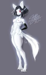 absurd_res anthro athletic athletic_female black_hair breasts canid canine canis digitigrade dragon female fur hair hi_res hybrid jaynator1 jaynatorburudragon mammal nipples nude red_eyes short_hair small_breasts solo suno_(jaynatorburudragon) white_body white_fur wolf