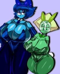 2023 2girls ass blonde_hair blue_eyes blue_hair blue_skin breasts bunny_ears bunnysuit gem_(species) gloves green_eyes green_skin kotarodayo1126 lapis_lazuli_(steven_universe) peridot_(steven_universe) purple_background short_hair steven_universe sweat visor wide_hips