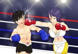 1boy 1girls abs biceps big_breasts big_thighs black_eyes black_hair black_shorts blue_boxing_gloves blue_gloves boxing boxing_gloves boxing_match boxing_ring boxing_shorts breasts bruised_eye cheek_punch cleavage clothing duo erect_penis eyebrows_visible_through_hair female female/male fetish fight gloves human human_only light-skinned_female light-skinned_male light_skin lips male male/female mixed_boxing motion_lines muscular original original_characters penis penis_slip punch red_boxing_gloves red_eyes red_gloves short_hair shorts sports_bra sweat thick thick_hips thick_thighs thighs violet_hair white_shorts white_sports_bra wide_hips