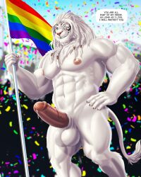 abs ajani_goldmane anthro balls dream_and_nightmare eye_scar facial_scar felid fur gay gay_pride genitals hasbro hi_res lgbt_pride lion magic:_the_gathering male mammal muscular muscular_anthro muscular_male nipples pantherine pecs penis pride_colors rainbow_pride_colors scar vein veiny_penis white_body white_fur wizards_of_the_coast