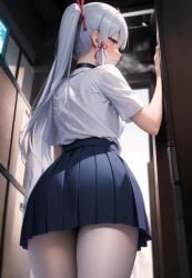 ai_generated alternate_costume ass ass_focus blue_eyes blush embarrassed female from_behind genshin_impact kamisato_ayaka large_breasts long_hair looking_at_viewer looking_back lunarheron pantyhose school_uniform schoolgirl silver_hair skirt solo very_long_hair