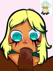 blonde_hair blue_eyes cookie_run fellatio feminine_male feminization knight_cookie long_hair makeup makeup_running male male/male male_only