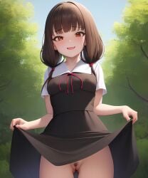 1girls ai_generated breasts brown_eyes brown_hair dress_lift female female_only hairy_pussy human iino_miko kaguya-sama_wa_kokurasetai_~tensai-tachi_no_renai_zunousen~ no_panties pussy pussy_hair school_uniform schoolgirl solo stable_diffusion