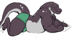 anthro azathura belly chubby chubby_male laying_down laying_on_stomach looking_down male male_only musclegut muscular muscular_arms muscular_male reptile scalie shirtless side_view sketch solo solo_focus tail tegu thick_thighs underwear writing