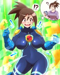 akane_hoshikawa before_and_after big_breasts blush bodysuit brown_hair hope_stelar mega_man mega_man_battle_network mega_man_star_force megaman.exe_(cosplay) milf noburockman surprised wide_hips