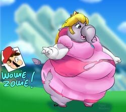 1boy 1girls blonde_hair clothing dress elephant elephant_fruit elephant_peach fat fat_belly female female_focus grey_skin looking_at_another male mario mario_(series) morbidly_obese morbidly_obese_female nintendo obese obese_female outdoors overweight overweight_female princess_peach standing super_mario_bros._wonder text torn_clothes transformation