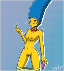 bead_necklace blightstar blue_hair blush breasts come_hither donut dress_removed drop_shadow golden_eyes holding_object inviting inviting_to_sex large_areolae licking_lips marge_simpson milf nipples pearl_necklace simple_background standing the_simpsons vagina yellow_body yellow_skin