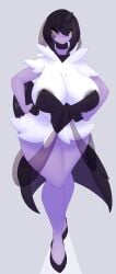 anthro arthropod avian big_breasts black_hair breasts butterfly clothed clothing cuespatra dullyarts espathra female generation_9_pokemon hands_on_hips high_heels insects lepidopteran nintendo nipple_outline nipple_slip pokémon_(species) pokemon purple_body purple_skin thick_thighs white_fur wide_hips yellow_eyes