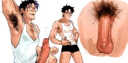 armpit armpit_hair balls bara big_balls big_penis blush body_hair boner erection flaccid glasses hairy hironobu_(nioseptem) huge_cock male male_only muscles muscular nioseptem penis penis_out shorts solo solo_male tank_top