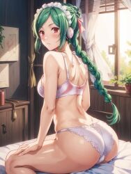 ai_generated android bedroom big_ass blush bra braid braided_hair braided_ponytail female female_only gabrail gintama green_hair hair_ribbon headphones indoors long_hair looking_at_viewer looking_back maid_headdress on_bed panties red_eyes sideboob single_braid sitting solo tama_(gintama) wariza white_bra white_panties