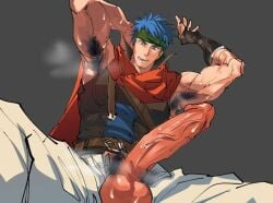 armpit_hair armpits balls bara big_balls big_penis boner clothing erection fire_emblem fire_emblem:_path_of_radiance fire_emblem:_radiant_dawn fully_clothed huge_cock ike_(fire_emblem) male male_only muscles muscular musk nintendo nioseptem penis penis_out solo solo_male spread_legs sweat sweating