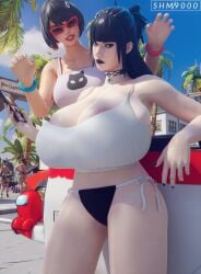 2girls among_us areolae areolae_slip beach bikini black_hair black_lipstick charlotte_(fortnite) choker clothed clothing different_breast_sizes evie_(fortnite) fortnite fully_clothed fully_clothed_female goth helsie_(fortnite) hoop_earrings huge_breasts looking_at_another looking_at_viewer ruby_(fortnite) slayer_charlotte_(fortnite) sunglasses superhentaimaster9000 tinted_eyewear