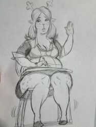 1girls anthro antlers big_breasts chair chubby chubby_female deltarune drawfag fat freckles freckles_on_breasts freckles_on_thighs nervous noelle_holiday pencil raising_hand skirt solo solo_female sweater table thick_thighs tight_clothing tight_fit traditional_media_(artwork) wide_hips