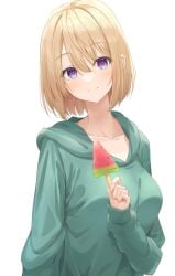 1girls blonde_hair bob_cut breasts closed_mouth collarbone food green_hood hair_between_eyes highres holding holding_food holding_popsicle hood hood_down hoodie kakkou_no_iinazuke kanaria_hisagi large_breasts looking_at_viewer popsicle purple_eyes short_hair simple_background smile solo umino_sachi upper_body watermelon_bar white_background