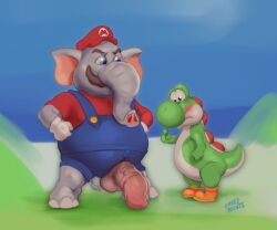 2boys alternate_species anthro balls blush blush_lines clothing duo elephant elephant_mario elephant_penis elephantid furrification gay genitals hat headgear headwear laser_(artist) male male/male male_only mammal mario mario_(series) nintendo overalls penis proboscidean super_mario_bros._wonder trunk tusks yoshi yoshi_(character)