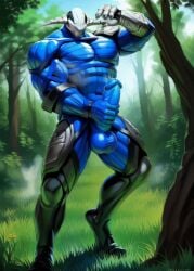 ai_generated armor balls big_penis blue_balls blue_body blue_penis blue_skin detailed_background dota dota2 erection flexing_bicep forest helmet horns male male_only muscular muscular_male notagaylizard penis presenting presenting_penis solo sven_the_rogue_knight