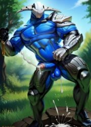 ai_generated armor balls big_penis blue_balls blue_body blue_penis blue_skin cum detailed_background dota dota2 ejaculation erection excessive_cum forest helmet horns male male_only muscular notagaylizard penis presenting presenting_penis solo sven_the_rogue_knight