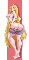 1girls absurd_res ass blonde_hair blue_eyes blush bra female female_only long_hair looking_at_viewer looking_back looking_back_at_viewer nisego panties rear_view shorts_down shorts_pull smiling smiling_at_viewer solo very_long_hair