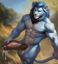 abs ai_generated anthro areola areolae balls big_balls big_penis blue_fur brown_eyes cum furry light_blue_fur lion looking_at_viewer male mane muscular muscular_anthro muscular_male navel nipples penis riseflux savanna savannah smirk smirking smirking_at_viewer solo solo_male