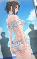 absurdres ass bare_shoulders bikini black_hair blue_sky blush breasts closed_mouth female frilled_bikini frills glance highres medium_hair off_shoulder original outdoors pallad sky swimsuit thighs underboob wet white_bikini