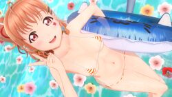 1girls ahoge beach earrings female female_only floatie flowers from_above happy koikatsu looking_at_viewer looking_up love_live! love_live!_sunshine!! orange_bikini orange_hair red_eyes side_ponytail smiling smiling_at_viewer star_tattoo tagme takami_chika v_sign water