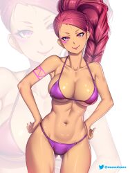 1girls alternate_costume arm_tattoo ass_visible_through_thighs bikini breasts cleavage dark-skinned_female dark_skin etchimune facial_tattoo female female_only fire_emblem fire_emblem:_three_houses hands_on_own_hips large_breasts looking_at_viewer nintendo petra_macneary ponytail purple_bikini purple_eyes purple_hair purple_swimsuit smile solo swimsuit tattoo zoom_layer