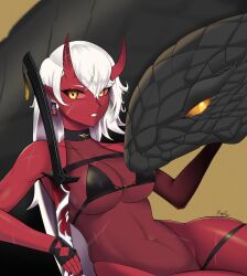 1girls akumi female oni oni_horns red_skin scars snake virtual_youtuber vyugen white_hair yellow_eyes
